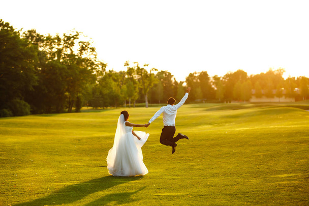 Happy bride and groom go into the sunset. Lovely wedding couple at sunset. Bride and groom in wedding attire is in the hands against the backdrop of the green field at sunset. Together. Wedding.  - Foto, Imagen