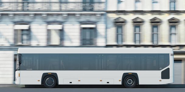Modern white realistic coach bus at cityscape background. 3d rendering. Side view. - Φωτογραφία, εικόνα
