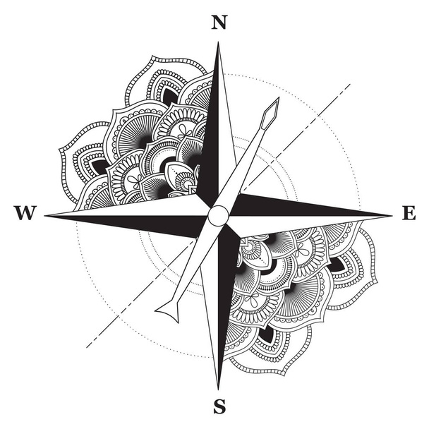 Signo de brújula con ornamento redondo detrás aislado sobre fondo blanco. Ilustración vectorial
 - Vector, imagen