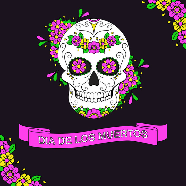 Ημέρα των Νεκρών πολύχρωμο κρανίο με floral στολίδι και κορδέλα με κείμενο Dia De Los Muertos. Μεξικάνικο κρανίο ζάχαρης. Εικονογράφηση διανύσματος - Διάνυσμα, εικόνα
