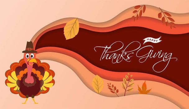 Boldog Hálaadás üdvözlőlap design illusztrációja pulyka viselése zarándokkal kalap és őszi levelek díszített papír vágott stílus háttér. - Vektor, kép