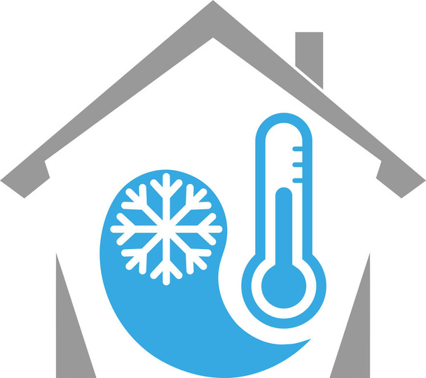 Σπίτι, θερμόμετρο και νιφάδες χιονιού, θερμοκρασία, κλίμα, λογότυπο - Διάνυσμα, εικόνα