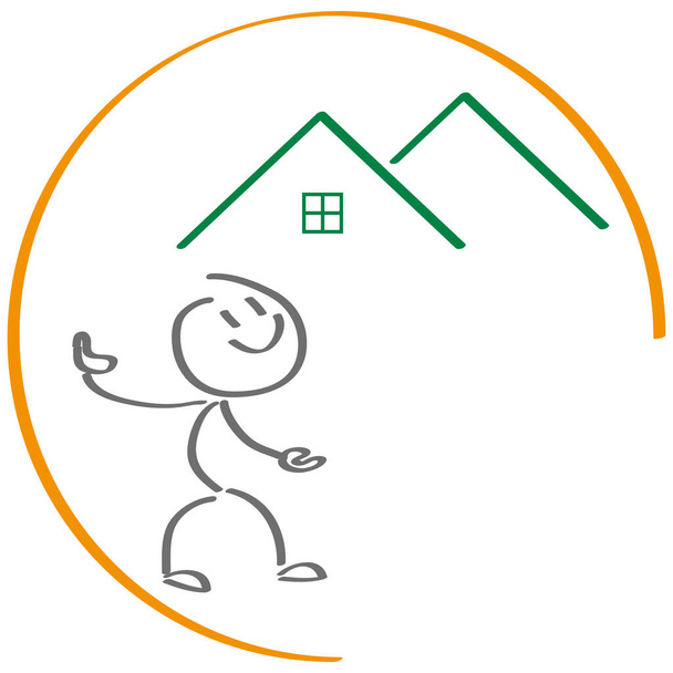 Osoba, dwa domy i słońce, logo nieruchomości - Wektor, obraz