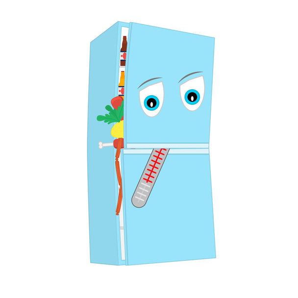 Sad refrigerator filled with food. With a thermometer in the mouth. Animated cartoon character on white background. Isolated graphic vector illustration.  - Vector, Image