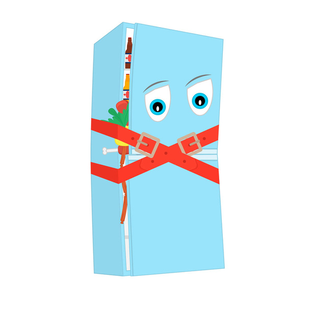 Concept diet. Fridge filled with food and tied tapes.  Animated cartoon character on white background. Isolated graphic vector illustration. - Vector, Image