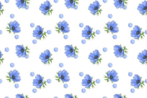 Επαναλάβετε μοτίβο των ευαίσθητων λουλουδιών και φύλλων, μπλε ανεμώνες και πουά αδιάλειπτη στολίδι - Φωτογραφία, εικόνα