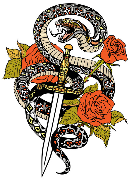 τατουάζ φίδι, στιλέτο και τριαντάφυλλα - Διάνυσμα, εικόνα