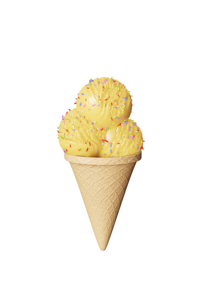 Erittäin yksityiskohtainen herkullisia palloja karamelli jäätelöä vohveli kartio eristetty valkoisella pohjalla
.  - Valokuva, kuva