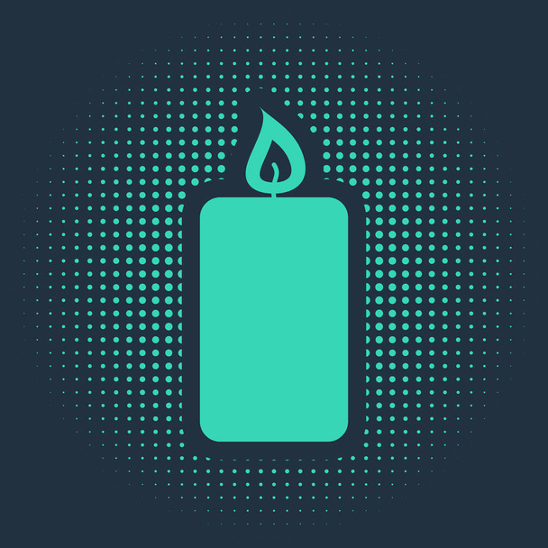 Піктограма свічки зеленого горіння ізольована на синьому фоні. старомодна запалена свічка. Циліндрична ароматична свічка палиця з палаючим полум'ям. Абстрактне коло випадкових точок. Векторна ілюстрація
 - Вектор, зображення