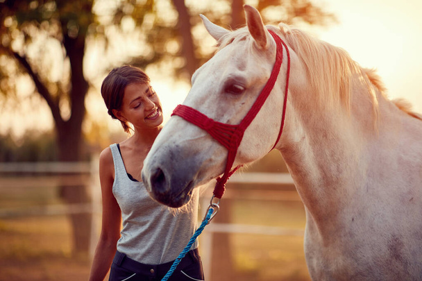 Smiling woman petting a  horse on a ranch on a sunny summer day. - Foto, immagini