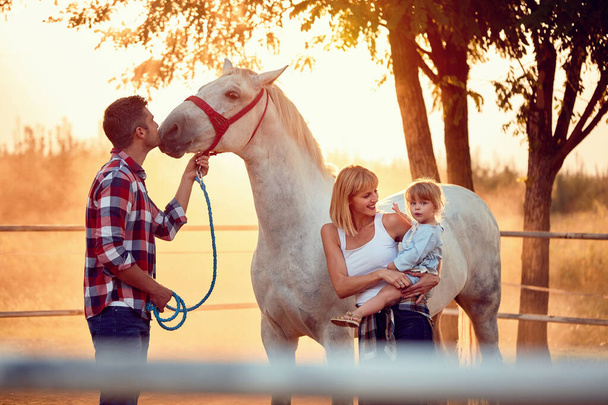  Family have a fun with a beautiful horse. - Foto, imagen