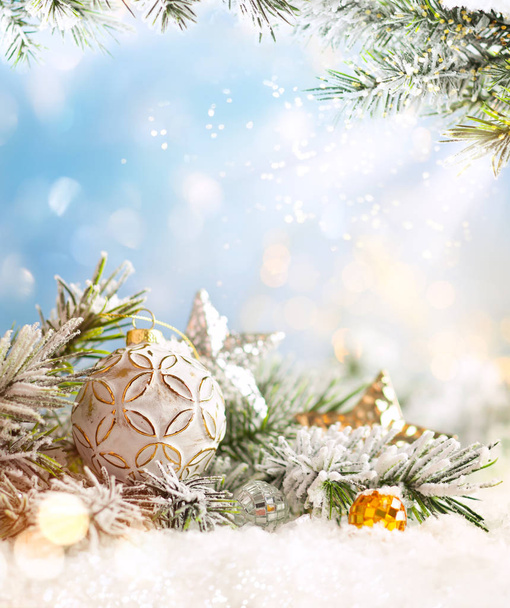 Christmas winter background with Christmas baubles and fir tree  - Photo, image