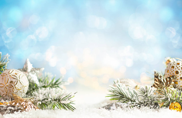 Christmas winter background with Christmas baubles and fir tree  - Foto, immagini