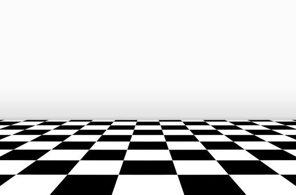 3Dレンダリング。灰色の壁の背景を持つチェス盤床の遠近法. - 写真・画像