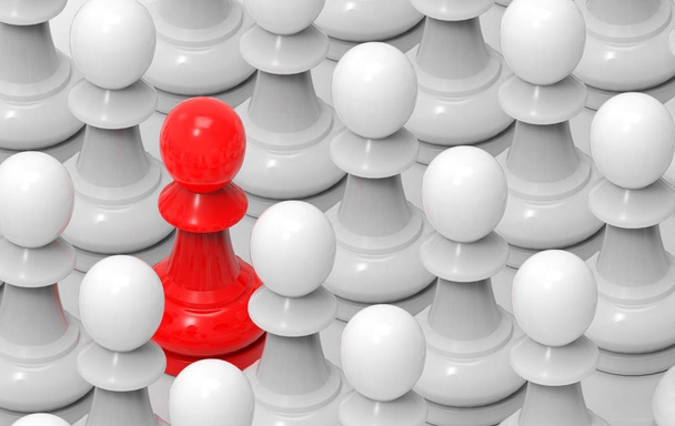 renderizado 3d. Un rojo entre el simple grupo de ajedrez blanco, liderazgo en concepto de negocios
. - Foto, Imagen