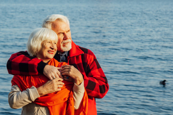 cheerful senior citizens woman and man are standing and hugging on the lake, against the background of the bridge. - Fotoğraf, Görsel