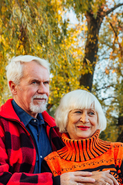 Happy senior couple enjoying each other in the park. Support and care from a loved one, warm emotions. - Fotoğraf, Görsel
