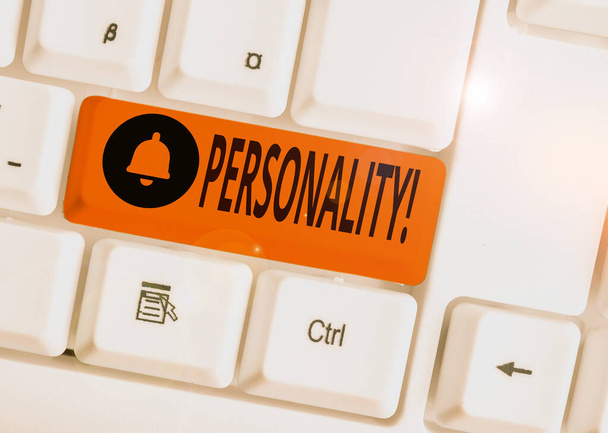 Text sign showing Personality. Conceptual photo combination characteristics that form individuals character White pc keyboard with empty note paper above white background key copy space. - Photo, Image