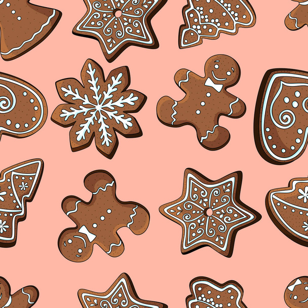 Christmas gingerbread cookies - seamless pattern. Vector illustration - Vektör, Görsel