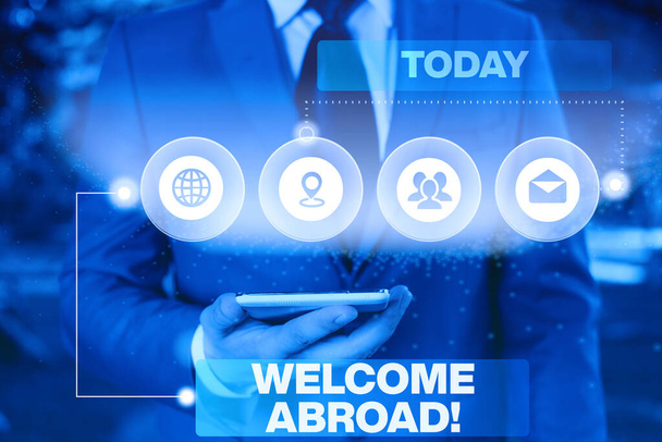 Conceptual hand writing showing Welcome Abroad. Business photo showcasing something that you say when someone gets on ship Picture photo network scheme with modern smart device. - Photo, Image
