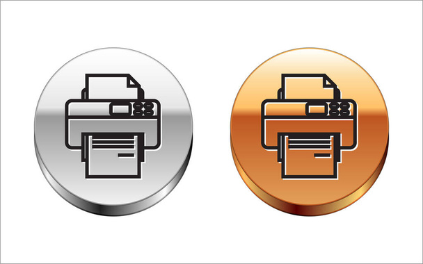 Black line Printer icon isolated on white background. Silver-gold circle button. Vector Illustration - ベクター画像