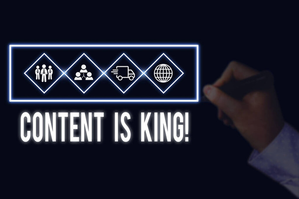 Writing note showing Content Is King. Business photo showcasing marketing focused growing visibility non paid search results Picture photo network scheme with modern smart device. - 写真・画像