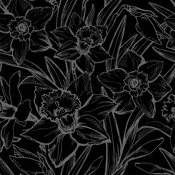 Botanical seamless pattern with contour of flowers Daffodils - Vecteur, image