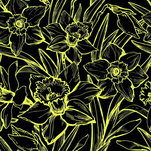 Floral seamless pattern with large hand drawn flowers Daffodils  - Vector, Imagen
