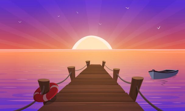 Cartoon illustratie van de houten pier met touwen, reddingsboei en boot in de oceaan bij zonsondergang. - Vector, afbeelding