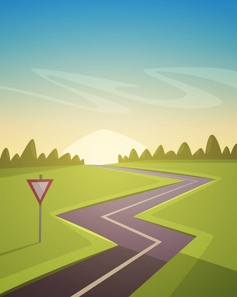 Cartoon illustratie van de asfaltweg over het veld. - Vector, afbeelding