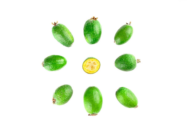 Juicy and ripe feijoa isolated on a white background. Healthy autumn fruit. - Foto, afbeelding