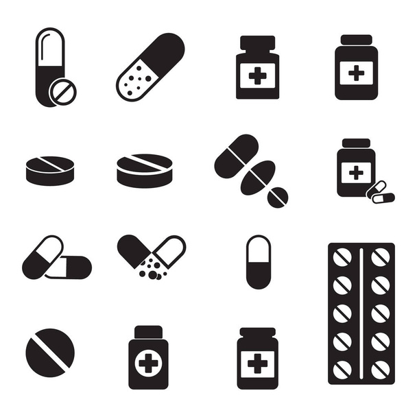 Icono de la botella píldoras. Cápsulas y pastillas icono vector. Ilustración del vector de atención sanitaria
 - Vector, imagen