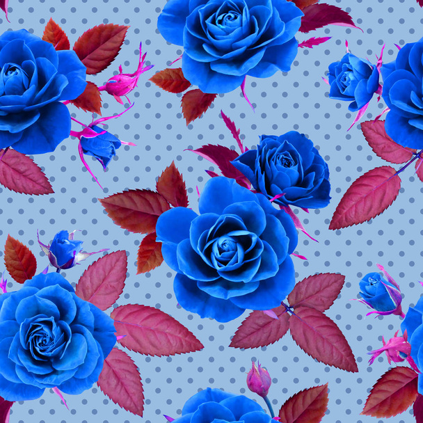Seamless pattern of blue roses on a pale blue background in polka dots, photorealistic collage. - Photo, image