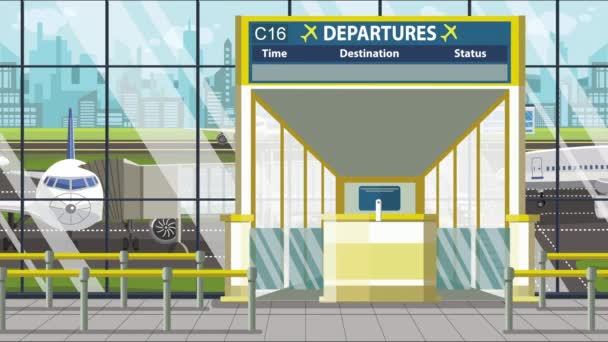 Letištní odletová tabule s popiskem Clevelandu. Travel in the United States related loopable cartoon animation - Záběry, video