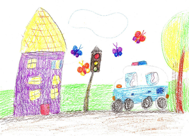 Dibujo infantil de los edificios y coches
. - Foto, imagen