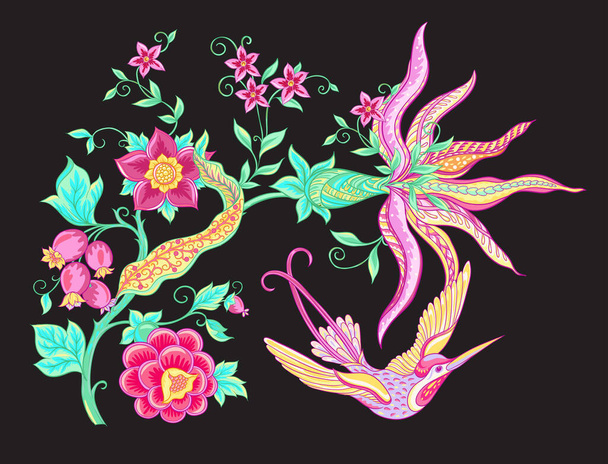 Fantasy flowers, traditional Jacobean embroidery - Vector, afbeelding