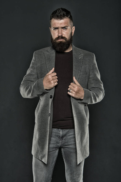 Hipster wearing casual clothes. Hipster with beard hair and stylish haircut. Bearded man trendy hipster style. Warm jacket. Daily outfit. Fall fashion. Maintaining masculine look. Brutal hipster man - Φωτογραφία, εικόνα
