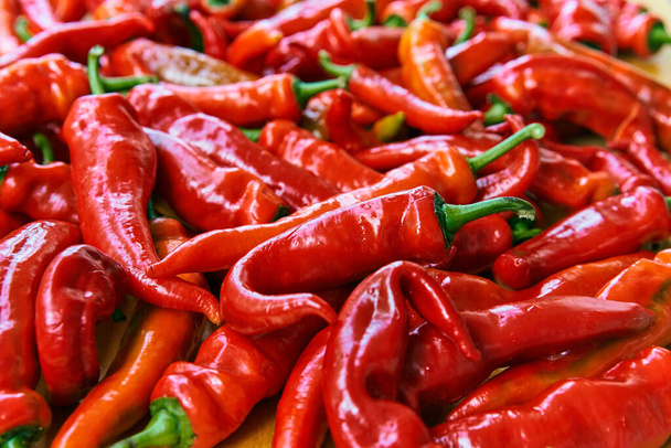 Πιπεριές τσίλι κόκκινο καυτό μοτίβο υφή φόντου. Κοντινό πλάνο. Τοπίο. Ένα ofred σκηνικό καυτερές πιπεριές. Υπαίθρια αγορά λαχανικών. Ομάδα κόκκινες καυτερές πιπεριές - Φωτογραφία, εικόνα