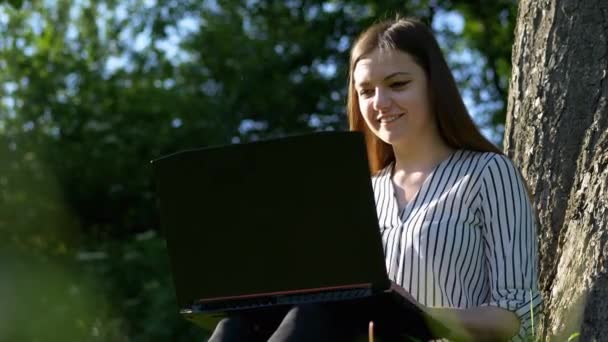Business woman working on laptop computer at outdoor park - Footage, Video