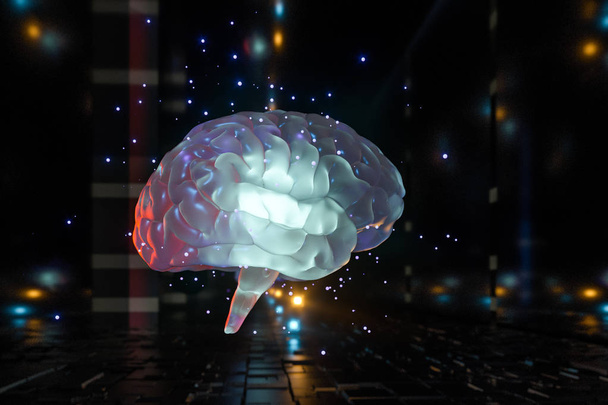 Brain and dark cubic space background, 3d rendering. - Photo, Image