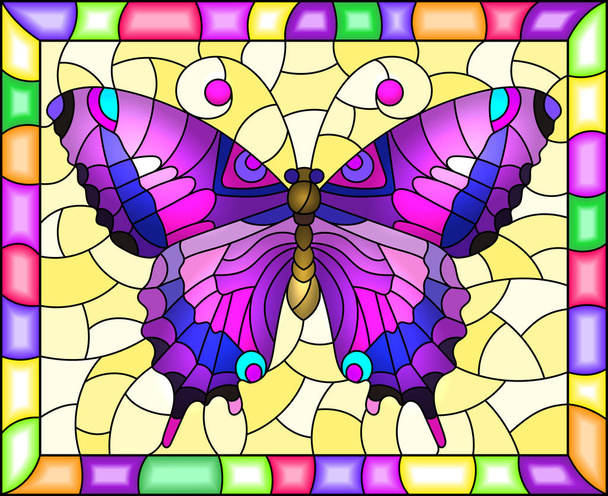 Kuvitus lasimaalaus kirkkaan violetti perhonen keltaisella taustalla kirkkaassa kehyksessä
 - Vektori, kuva