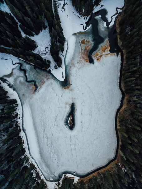Aerial View. Landscape of Lake Synevir covered with ice in winter. Carpathians, Ukraine. Winter lake drone shooting in the Carpathians. - Photo, Image