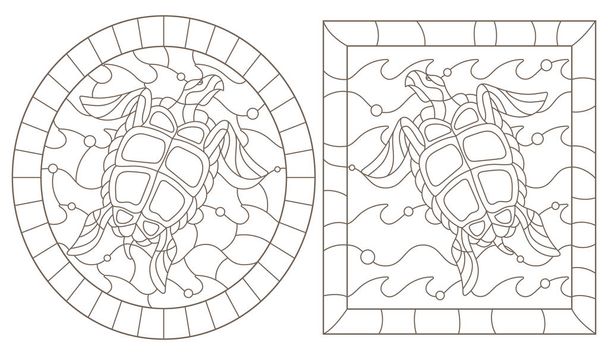 Σύνολο των εικονογραφήσεων περίγραμμα στο ύφος του λεκιασμένου γυαλιού με θαλάσσιες χελώνες στα κύματα, ένα σκούρο περίγραμμα σε λευκό φόντο - Διάνυσμα, εικόνα
