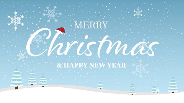 Merry Christmas and Happy New Year typographical on blue background with winter landscape with snowflakes.  - Vektör, Görsel