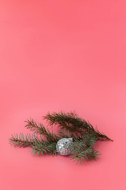 Christmas composition. Mirror silver ball and branches of spruce - Foto, Imagem