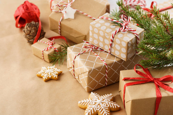 Stack of handcrafted gift boxes and decoration for Christmas. - Foto, Imagem
