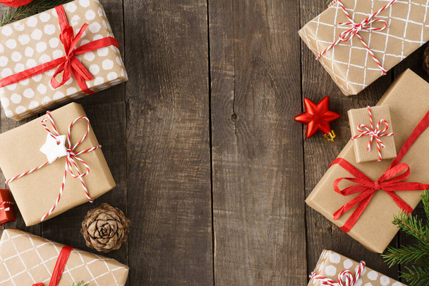 Christmas background with gift boxes, toys and decoration. - Valokuva, kuva