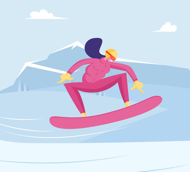 旅行活動エンターテイメント。冬の季節の休暇中に雪の斜面でハッピーガールライディングスノーボード - ベクター画像