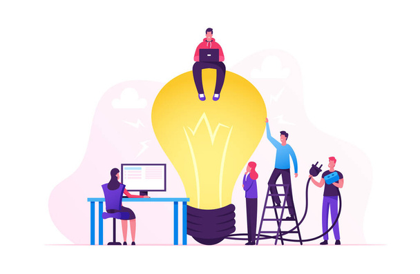 Creative Crisis, Teamworking and Searching Idea Concept. Business People Stand at Huge Turned Off Light Bulb - Vector, Image