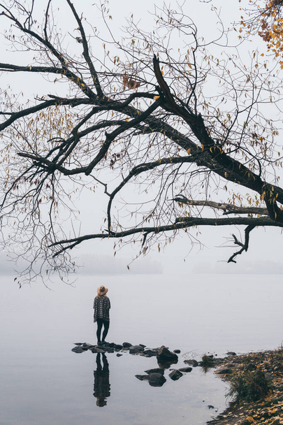 Silhouette donna sulla riva del fiume nella nebbia del mattino
 - Foto, immagini